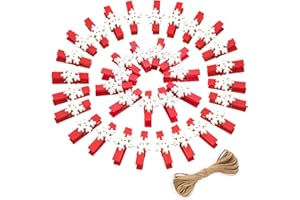 jijAcraft 50 Pcs Christmas Clips Red Snowflake Christmas Wooden Clothespins with 32 Feet Jute Twine, Mini Wood Clothespins for Hanging Clip Photos Party Favors Home School Art Craft Decor