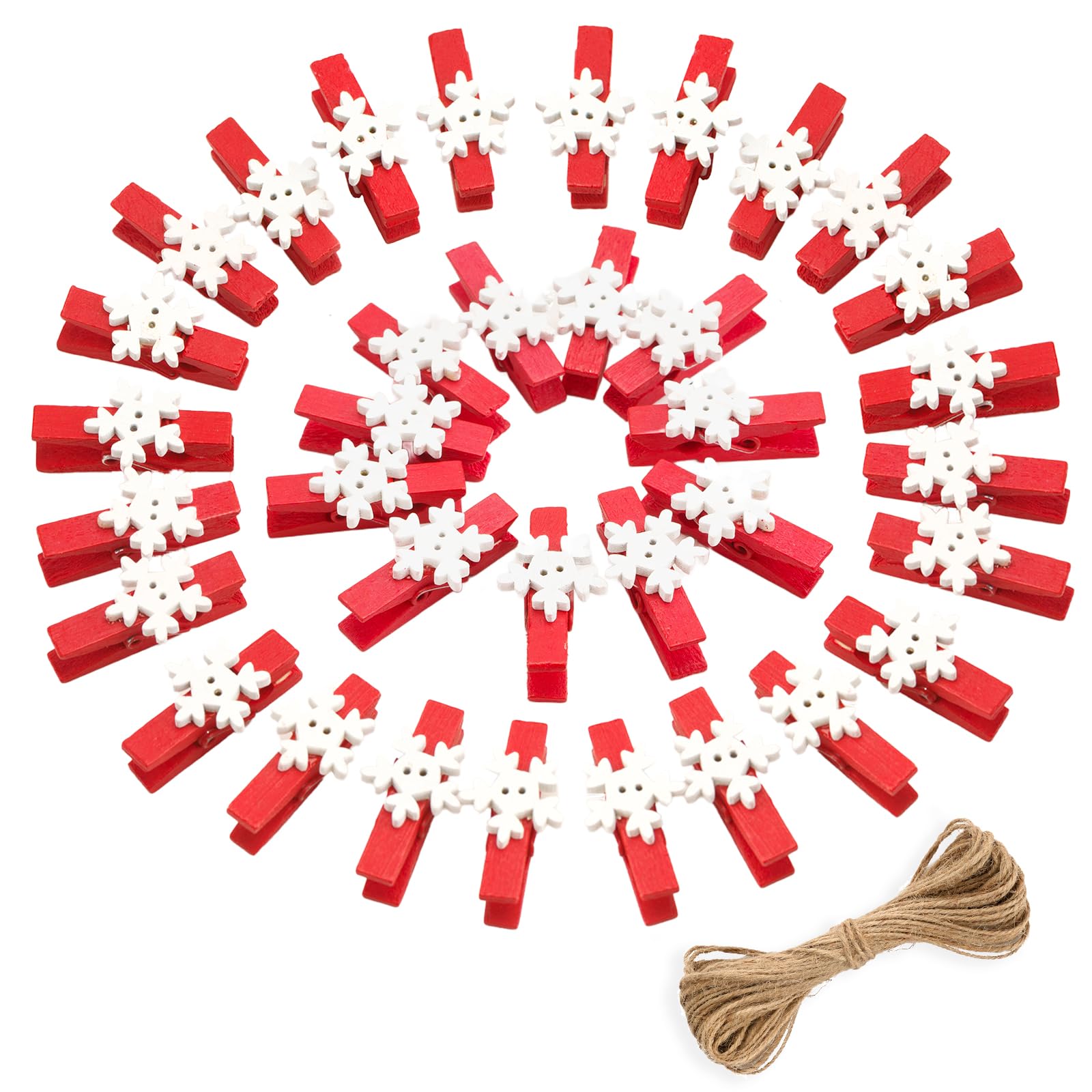 jijAcraft Christmas Mini Wooden Pegs: 50PCS Red Snowflakes Photos Pegs, 3.5cm Small Wooden Peg and String, Christmas Decorations for DIY Hanging Xmas Cards and Photo Paper Crafts