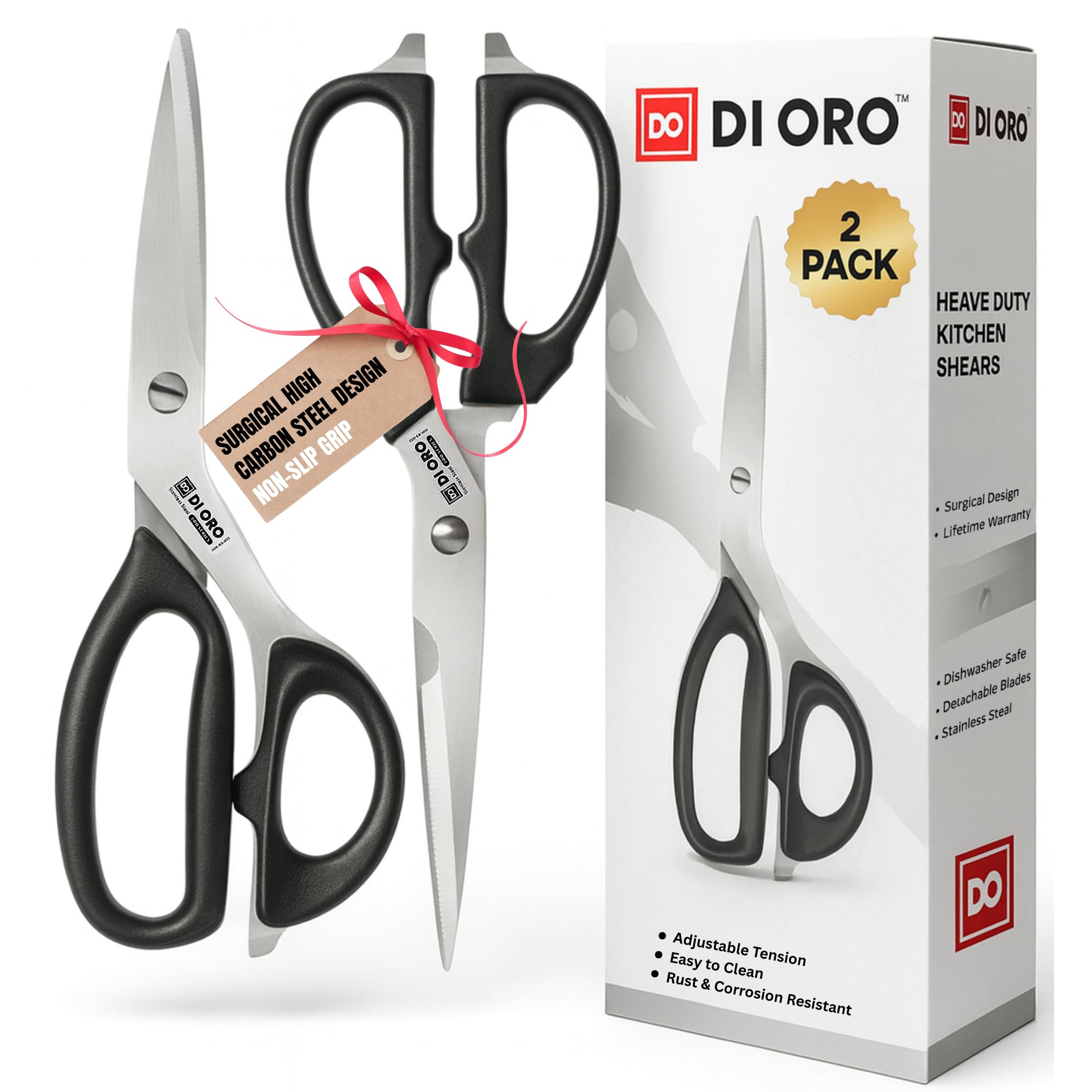 DI ORO® Stainless Steel Kitchen Scissors - Heavy Duty Come-Apart Kitchen Shears for Poultry, Meat, Herb Cutting and More - Multi-Purpose and Offset Scissors - Dishwasher Safe (2-Piece Set)