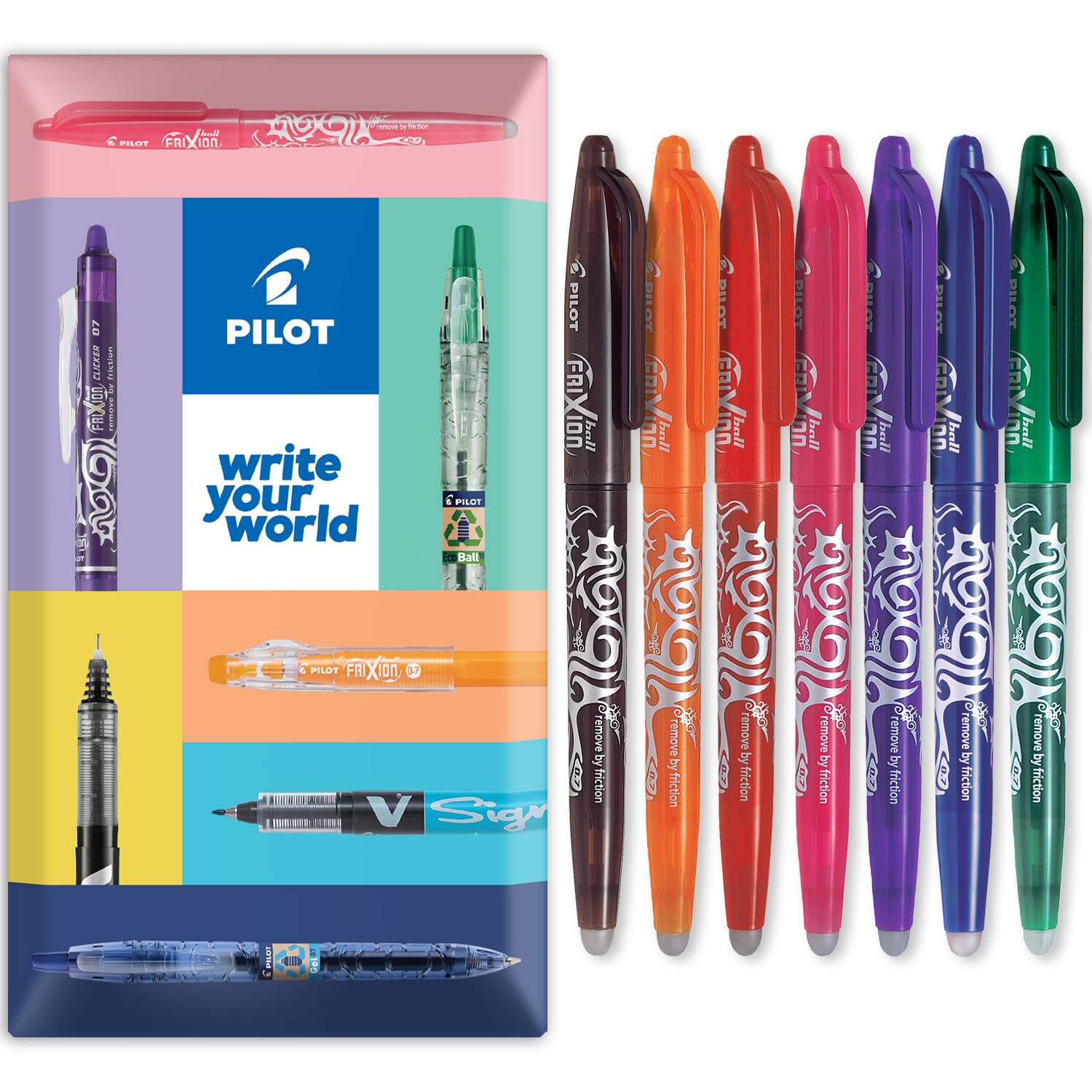 PILOT Frixion Heat/Friction Erasable Rollerball Pen FR7 - Medium Line 0.7mm Tip Nib - Pack of 7 Pens in Envelope Gift Packaging