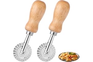 2pcs Fluted Pastry Cutter Wheels, Zinc Alloy Short Ravioli & Pasta Crimper Cutter with Wooden Handle Dough Roller Cracker Mak
