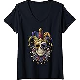Womens Sugar Skull Carnival Mask Jester Hat Mardi Gras 2025 Men Boy V-Neck T-Shirt