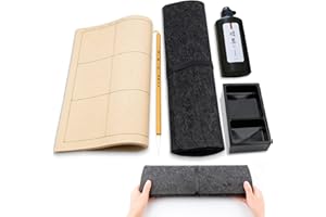 QI MING WEN FANG Professional Chinese Calligraphy Set, Extra fine Calligraphy Brush, 250ml Light-Glue Ink, 50pc Paper, Ink stone, Chinese brush set Gift Set Sumi set with Portable Roll-up Felt Mat (5pcs Set)
