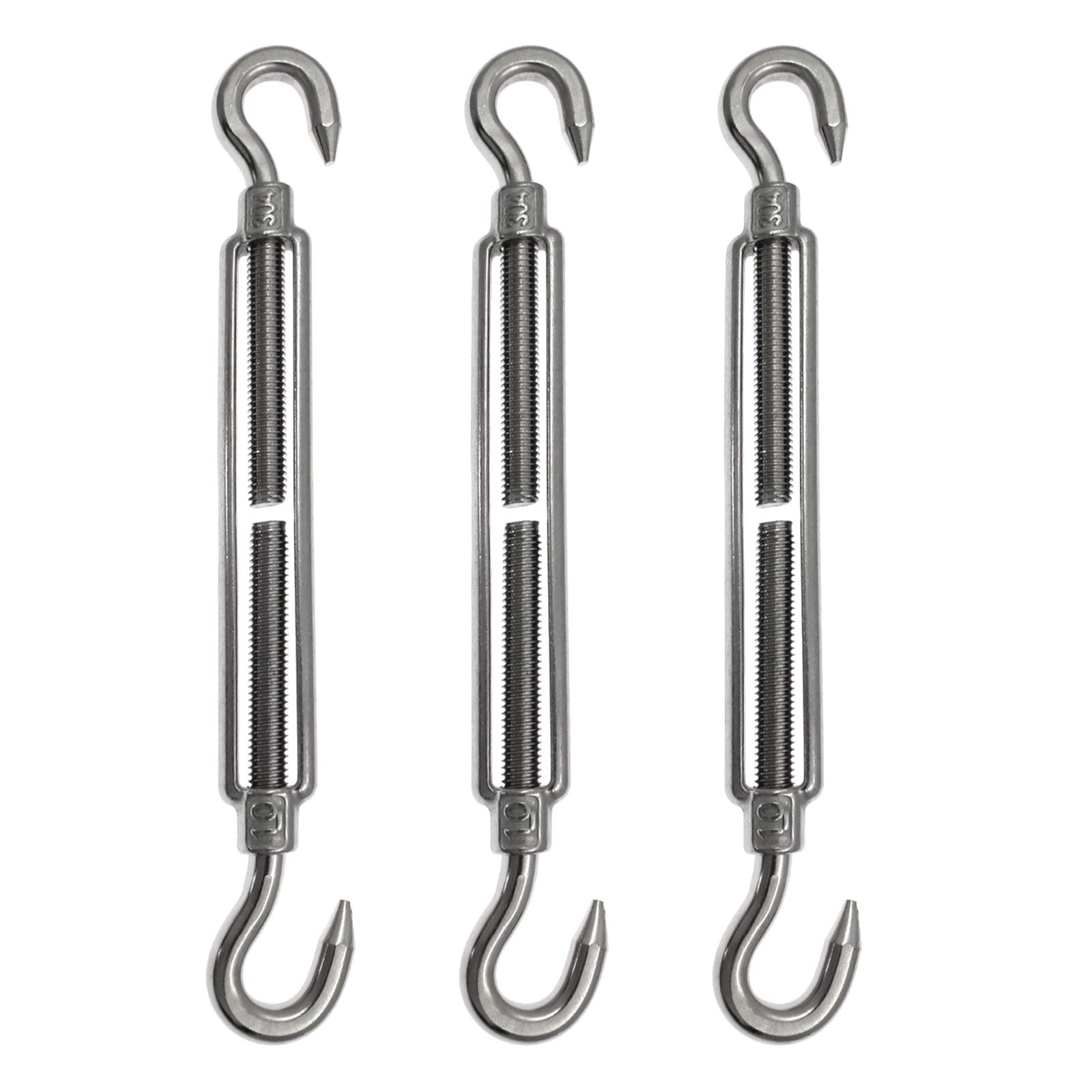 PHITUODA 3pcs M10 Stainless Steel 304 Hook & Hook Turnbuckles Adjustable Wire Rope Tensioner