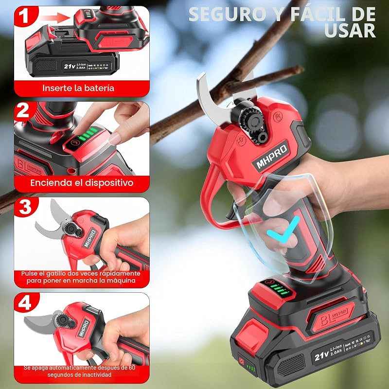 Tesouras de poda elétrica sem escovas, tesouras MHPRO 21V com 2 pilhas de 2000mAh, ecrã LCD, tesouras de poda a bateria para jardinagem, árvores de fruto, vinhas e quinta, vermelho