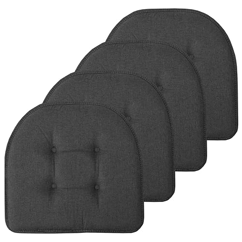Sweet Home Collection Chair Cushion Memory Foam Pads Tufted Slip Non Skid Rubber Back U-Shaped 17" x 16" Seat Cover, 4 Count (Pack of 1), Charcoal Gray