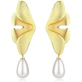 Long Pearl Dangle Earrings for Women Statement Gold Ball Teardrop Pearl Drop Earrings Chunky Gold Earrings