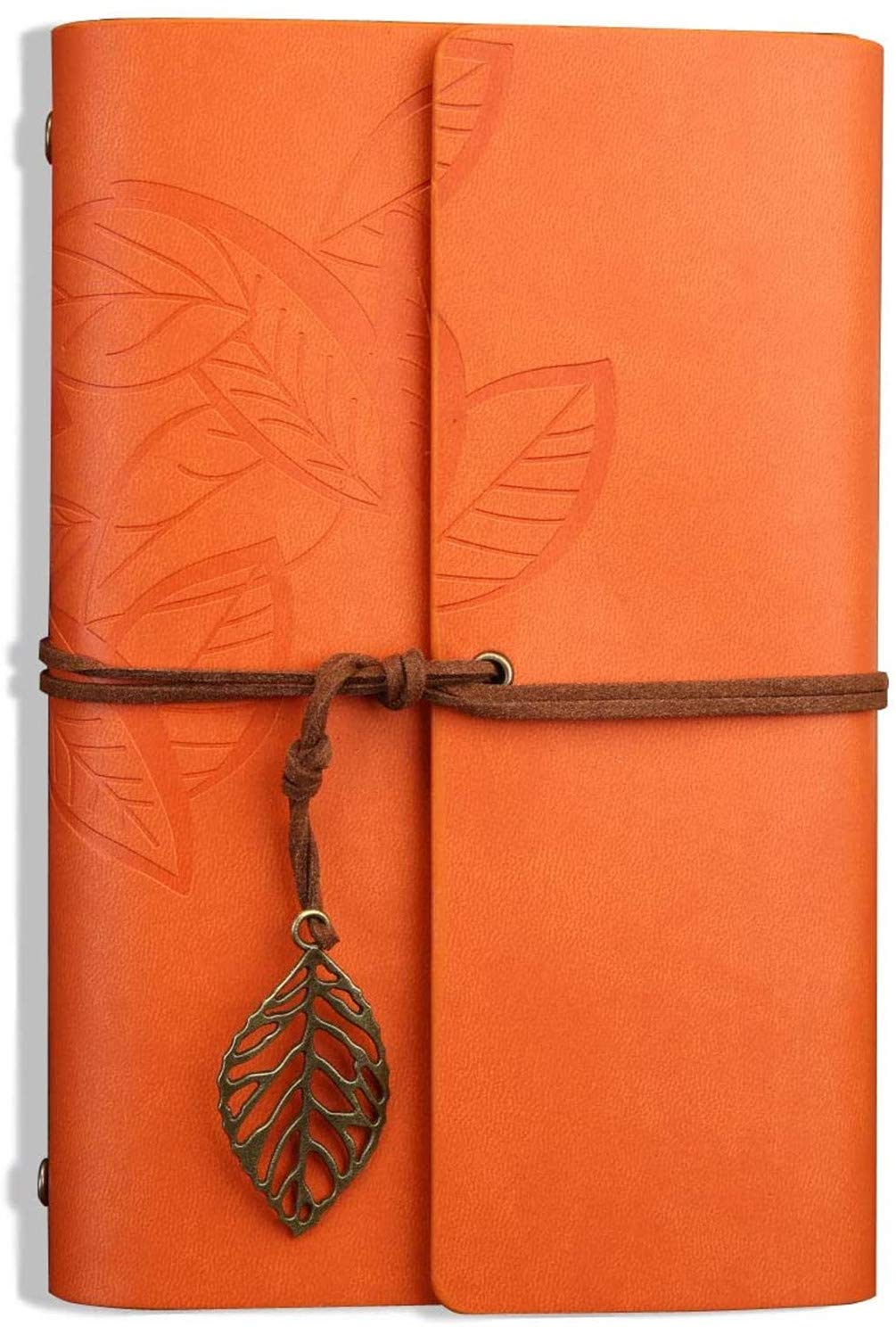 Retro Leaves Pendants PU Leather Cover Loose Leaf Blank Writing Journal Notebook Diary Gift (Orange, A7(5 inch))