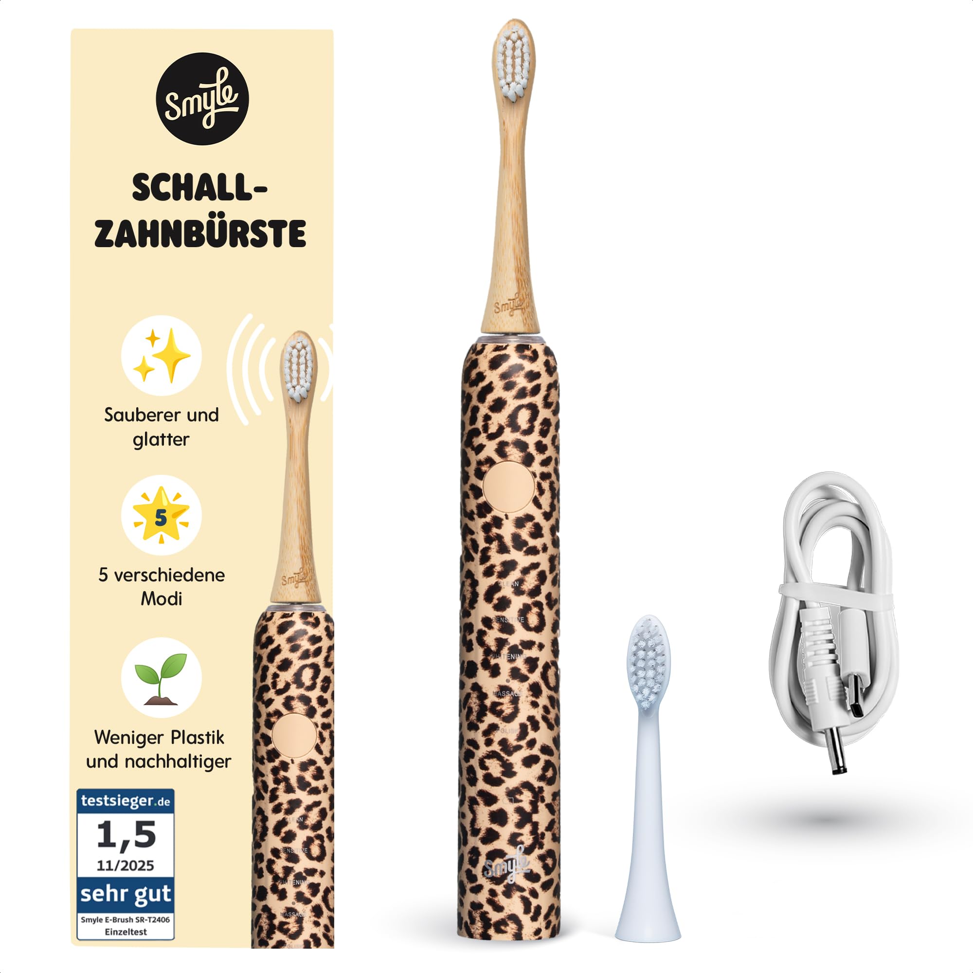 Smyle zahnbürste - Schallzahnbürste mit Drucksensor – Elektrische Zahnbürste mit 4 Monate Akku, 40.000 Vibrationen/min, 5 Modi, Timer, USB-C, 2 Bürstenköpfe, wasserdicht – Panter