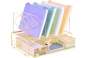 Spacrea File Holders Desk Organizer with 5 Upright Sections and Sliding Drawer, File Organizer Paper Organizer Office Desk Accessories & Workspace Organizers, Gold