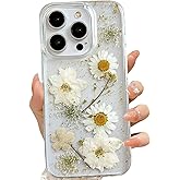 LSEEKA for iPhone 15 Pro Clear Case with Pressed Real Flowers Design,Glitter Cute White Floral Pattern Slim Soft TPU Protective Women Girl's Phone Cover for iPhone 15 Pro