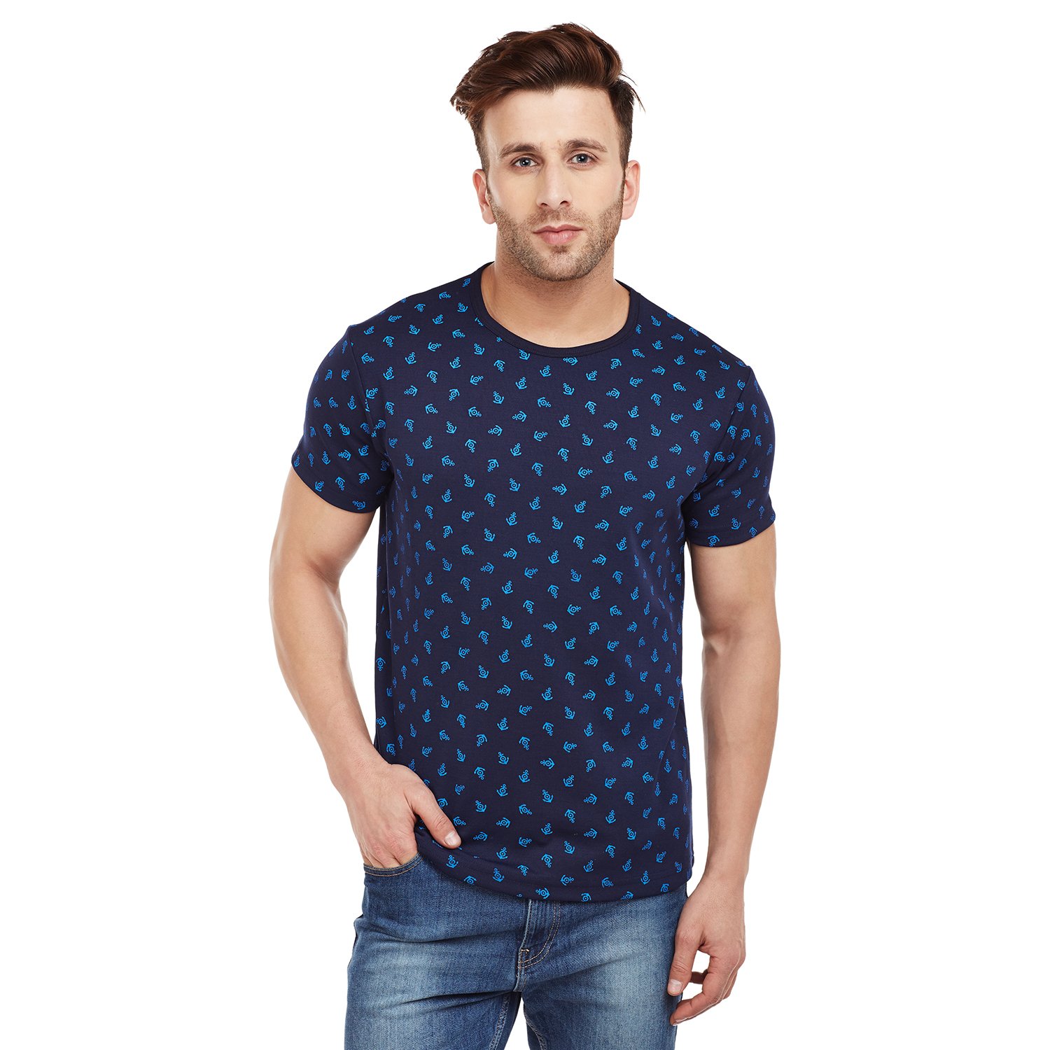 vimal navy blue printed round neck tshirt for men