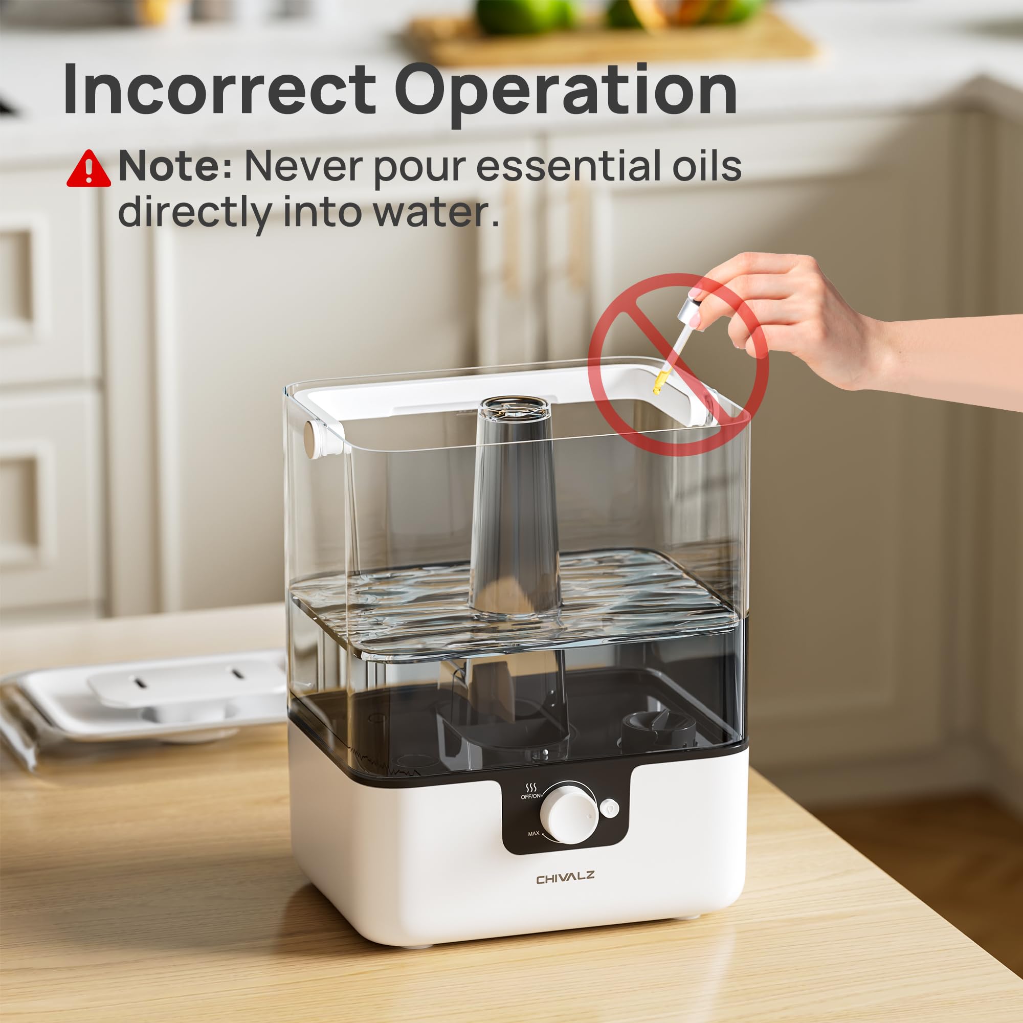 CHIVALZ 6L Humidifiers for Bedroom Large Room Home, Cool Mist Top Fill Humidifiers for Baby Nursery and Plants, 26dB Quiet, Nightlight, Up to 50 Hours, Oil Diffuser 1 Pack + 2 Mist Outlets White