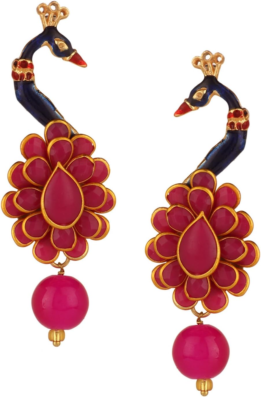 Jewel Pari Indian Bollywood 14K Gold Plated Crystal Kundan Peacock Inspired Drop Stud Earrings Jewelry Set