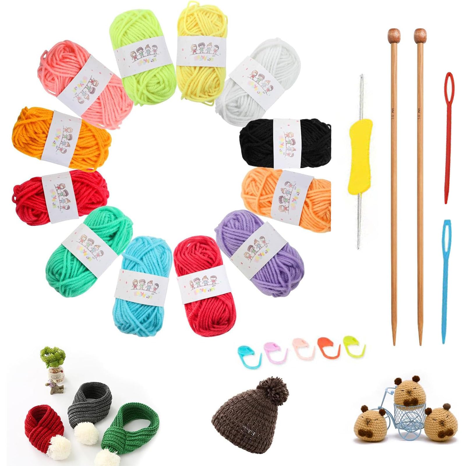 SKJAXF 21pcs Knitting Kit, Beginners Adults Children Knitting Set, Coloured Knitting Set with 12 Colour Yarn, 1 Crochet Hooks, 1 Needles, 5 Crochet Locking Stitch Markers, 2 Bamboo Knitting