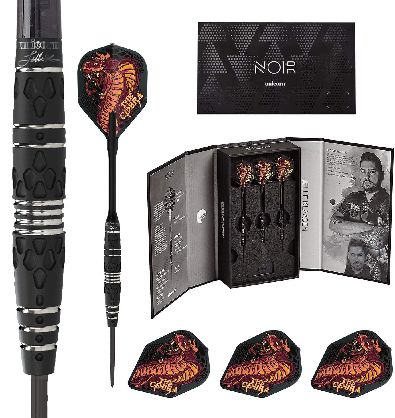 Unicorn Darts Jelle Klaasen Noir Phase 2 Steel Tip Dart Set, Black/Silver, 22G