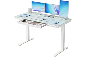 BANTI Electric Standing Desk with Drawers, 55 inch Whole-Piece Glass Desktop, Height Adjustable Stand up Sit Stand Home Office Ergonomic Workstation, White Tabletop