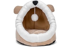 NAT AND JULES Nat & Jules Kitty Cat Face 15 inch Plush Fabric Cave Bed with Dangle Toy, Warm Beige