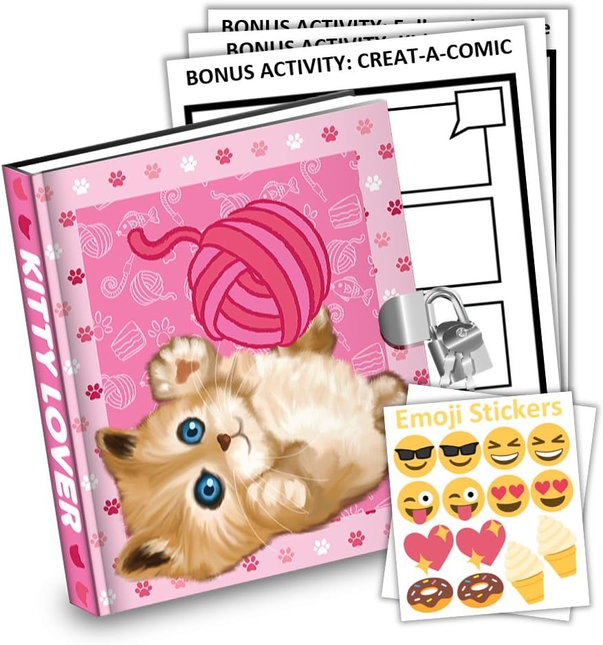 Kitty Cat Kids Diary With Lock Includes 6.5 Inch Diary, Stickers, & Bonus Activity Pages