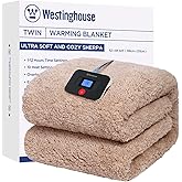 Westinghouse Electric Blanket Twin Size, Soft Plush Sherpa Heated Blanket with 10 Heating Levels & 1-12 Hours Auto-Off, Machine Washable, 62x84 inches, Camel