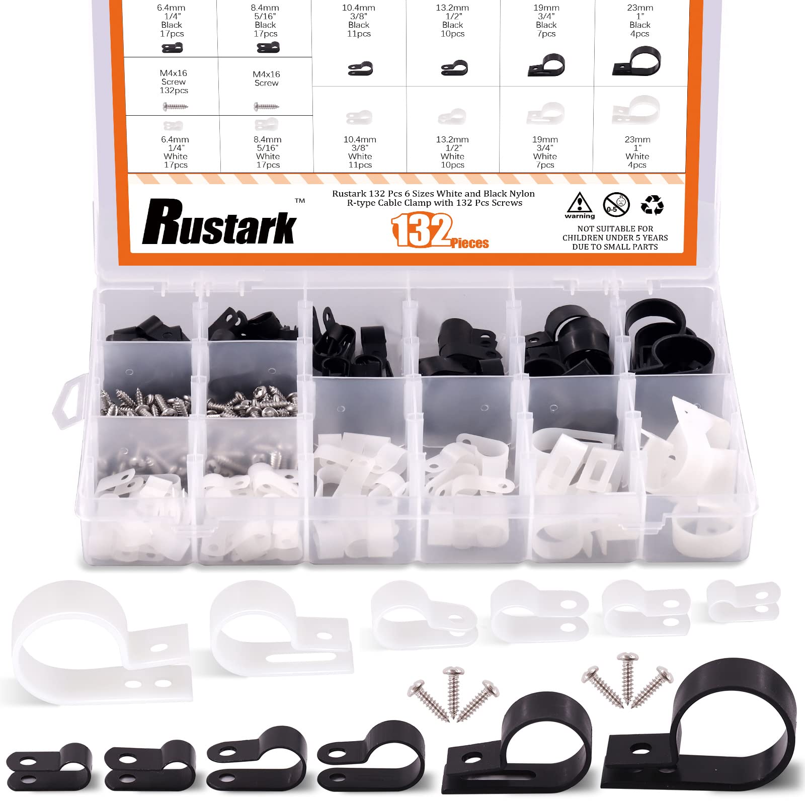 Rustark 132 Pcs 6 Sizes White and Black Nylon R-Type Cable Clamp Cable Organizer Cord Fasteners Screw Mounting Electrical Grip Wire Clips with 132 Pcs Screws for Wire Management (Black and White)