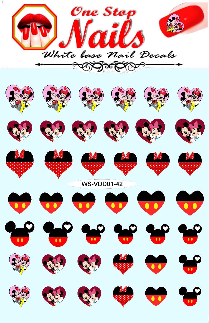 Valentine's Day Hearts with Mickey And Minnie Peel and Stick nail art decals. Set of 42 by One Stop Nails WS-VDD-01-42