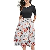 oxiuly Women's Vintage Patchwork Pockets Puffy Swing Casual Party Dress OX165