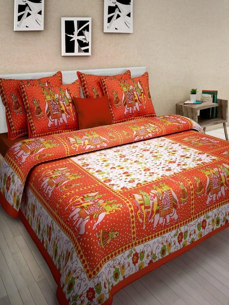 Kismat Collection Indian Rajasthani Double Bedsheet or Bedspread With 2 Pillow Cover