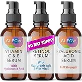 GLEOW Retinol Serum for Face, Vitamin C with Hyaluronic Acid Face Serum for Women and Men, Glow Total Package Skin Care Set, Targets Appearance of Uneven Skin Tone and Dryness 3x2 oz