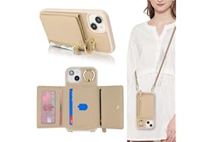 SunYoo for iPhone 15 Case with Card Holder,Phone Case for iPhone 15 Case with Strap Crossbody Lanyard Stand Ring,15 Wallet Case for Women,Leather Zipper Pocket Case-Beige