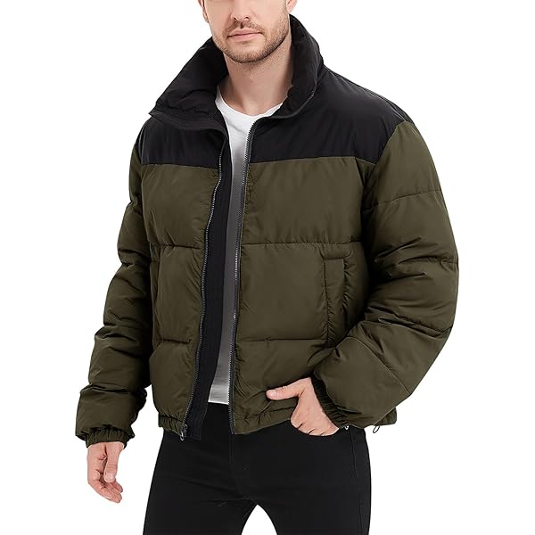 PEHMEA Men's Puffer Jacket Stand Collar Zipper Coat with Pockets
