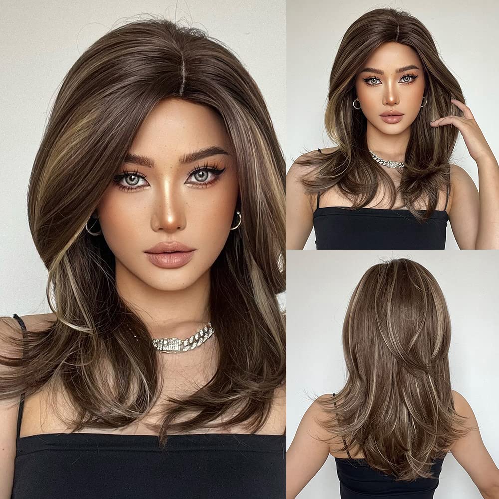 Photo 1 of MAGQOO Brown Blonde Wig for Women Brown Highlights Shoulder Long Wavy Brown Layered Wig Brown Mix Blonde Layered Wigs
