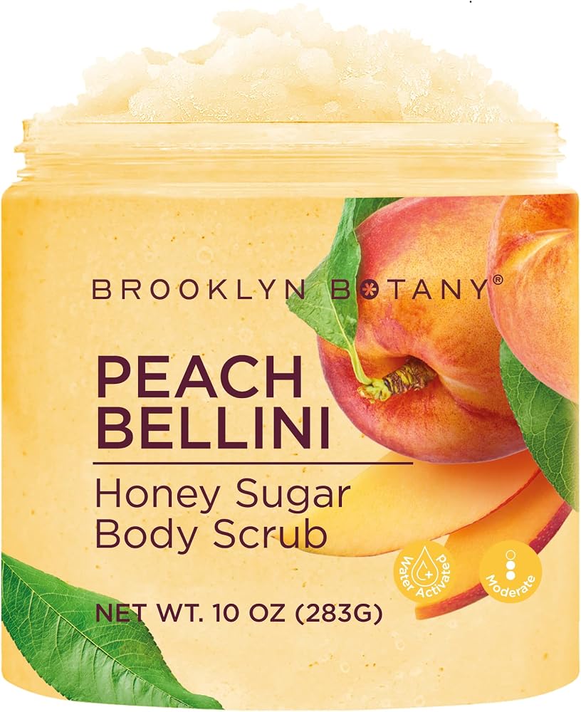 Brooklyn Botany Peach Bellini Honey Sugar Scrub for Body 10 oz – Deeply Hydrating and Gently Exfoliating Body Scrub for Women