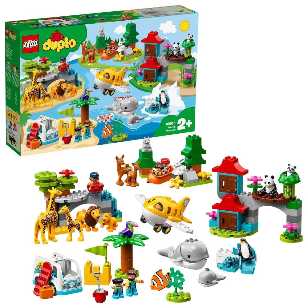 LEGO 10907 DUPLO Town World Animals Adventure Learning Toys for Toddlers 2-5 Years Old, with 15 Animal Figures and Airplane