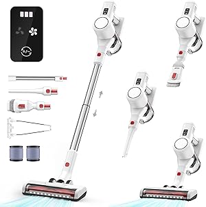 Syntecno Akku Staubsauger Kabellos Vacuum Cleaner - 3-In-1 Akkustaubsauger Kabelloser Weiß Akkusauger Cordless mit Licht Stabstaubsauger ohne Kabel mit Display für Tierhaare Teppiche Hartböden Auto