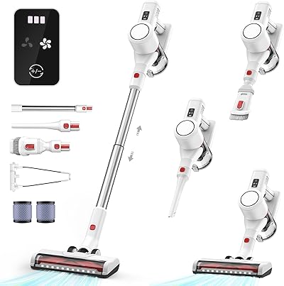 Syntecno Akku Staubsauger Kabellos Vacuum Cleaner - 3-In-1 Akkustaubsauger Kabelloser Weiß Akkusauger Cordless mit Licht Stabstaubsauger ohne Kabel mit Display für Tierhaare Teppiche Hartböden Auto