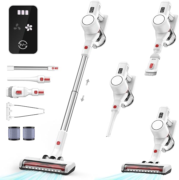 Syntecno Akku Staubsauger Kabellos Vacuum Cleaner - 3-In-1 Akkustaubsauger Kabelloser Weiß Akkusauger Cordless mit Licht Stabstaubsauger ohne Kabel mit Display für Tierhaare Teppiche Hartböden Auto