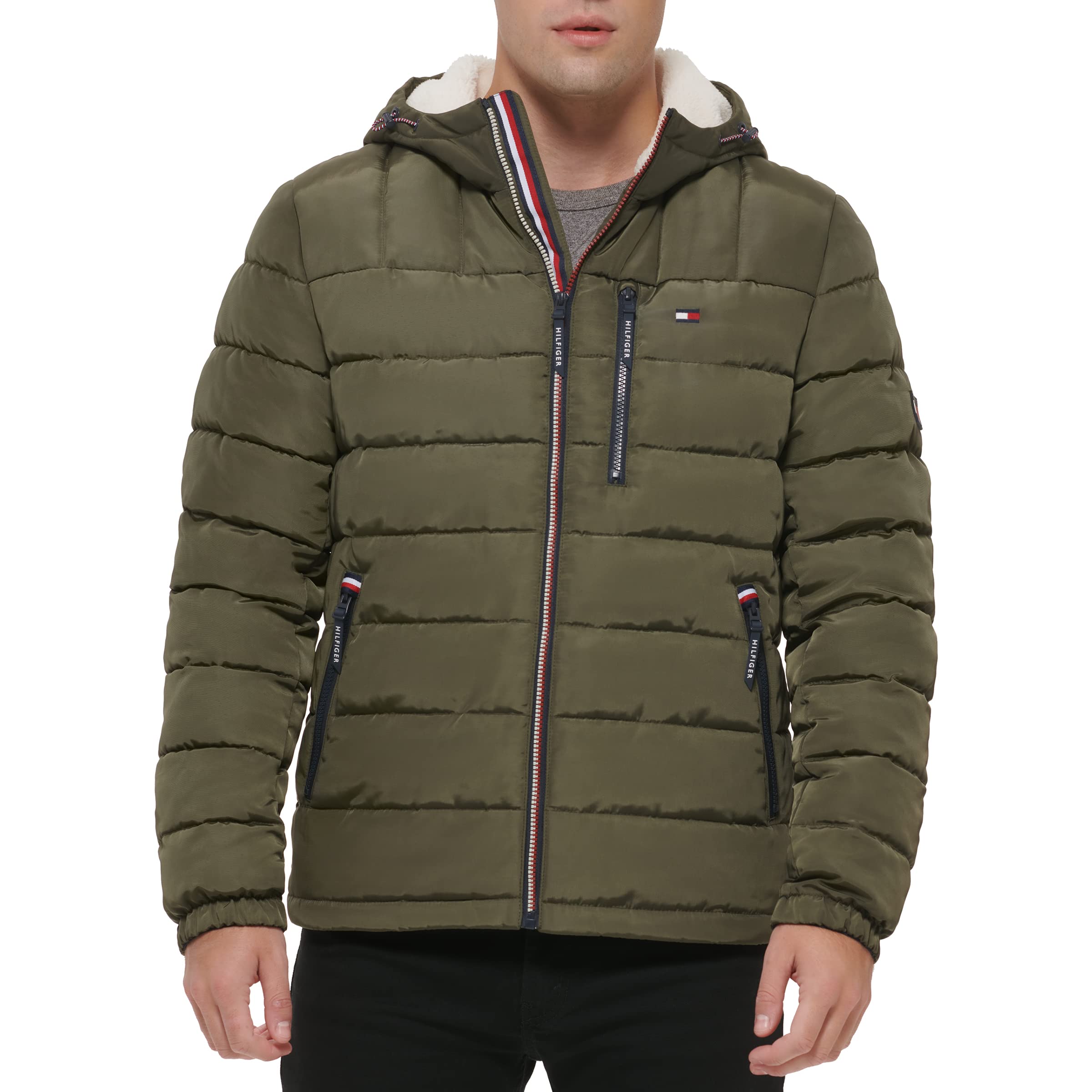 Tommy Hilfiger Men's Midweight Sherpa Lined Hooded Water Resistant Puffer Jacket, Olive Tech, XX-Large Image