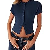 Women Button Down Short Sleeve Top Summer Ribbed Crew Neck Slim Fit Shirt Casual Solid Color Crop Tee