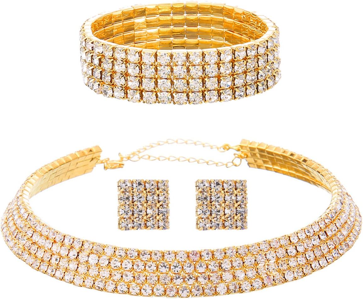 Circle Crystal Rhinestone Bridal Necklace Earrings and Bracelet Jewelry Sets (4 row gold)
