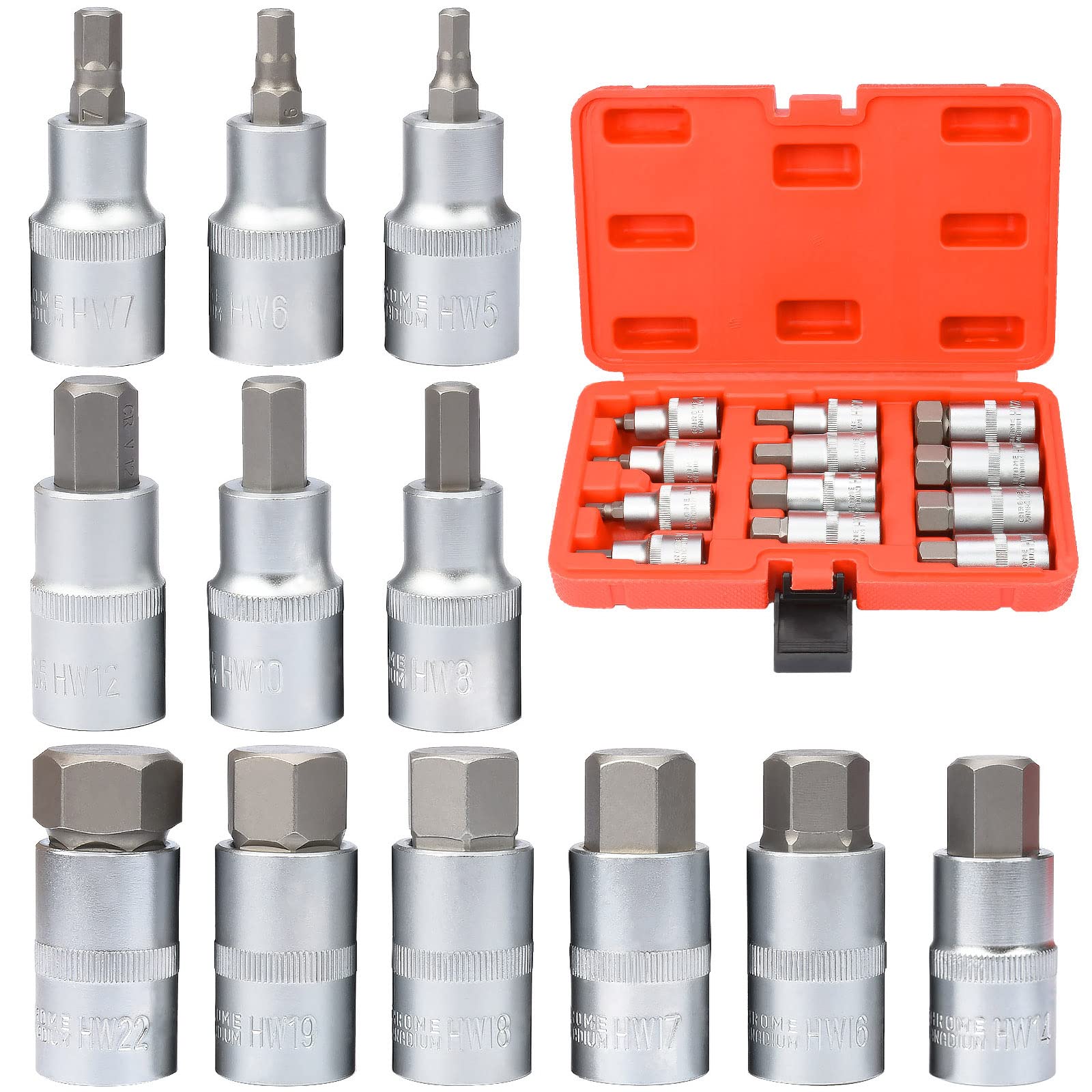 Noosverl Allen Key Socket Set,Hex Bit Set,12 pcs - Screwdriver Bits Hex Bit Set 5-22 mm,1/2" Drive Hex Bit Socket Set