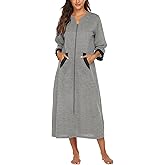 Ekouaer Women Zipper Robe 3/4 Sleeves Loungewear Dress Full Length Sleepwear Pockets Housecoat Nightgown Long Bathrobe