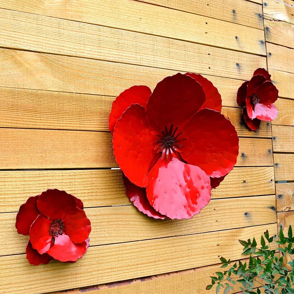 Mixed Media - Giant Wall Hanging Poppy Set of 3 Red Metal Flowers Perfect Wall or Privacy Fence Accent