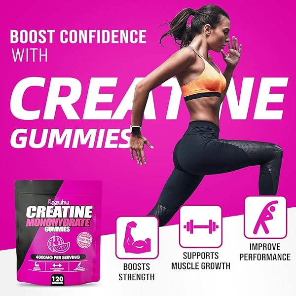 RAZUHU CREATINE MONOHYDRATE GUMMIES 4G PER SERVING, CREATINE GUMMIES FOR MEN & WOMEN, PRE WORKOUT, ENERGY, STRENGTH, MUSCLE SUPPORT, RECOVERY, SUGAR FREE, GLUTEN-FREE, VEGAN, NON-GMO, 120 COUNT