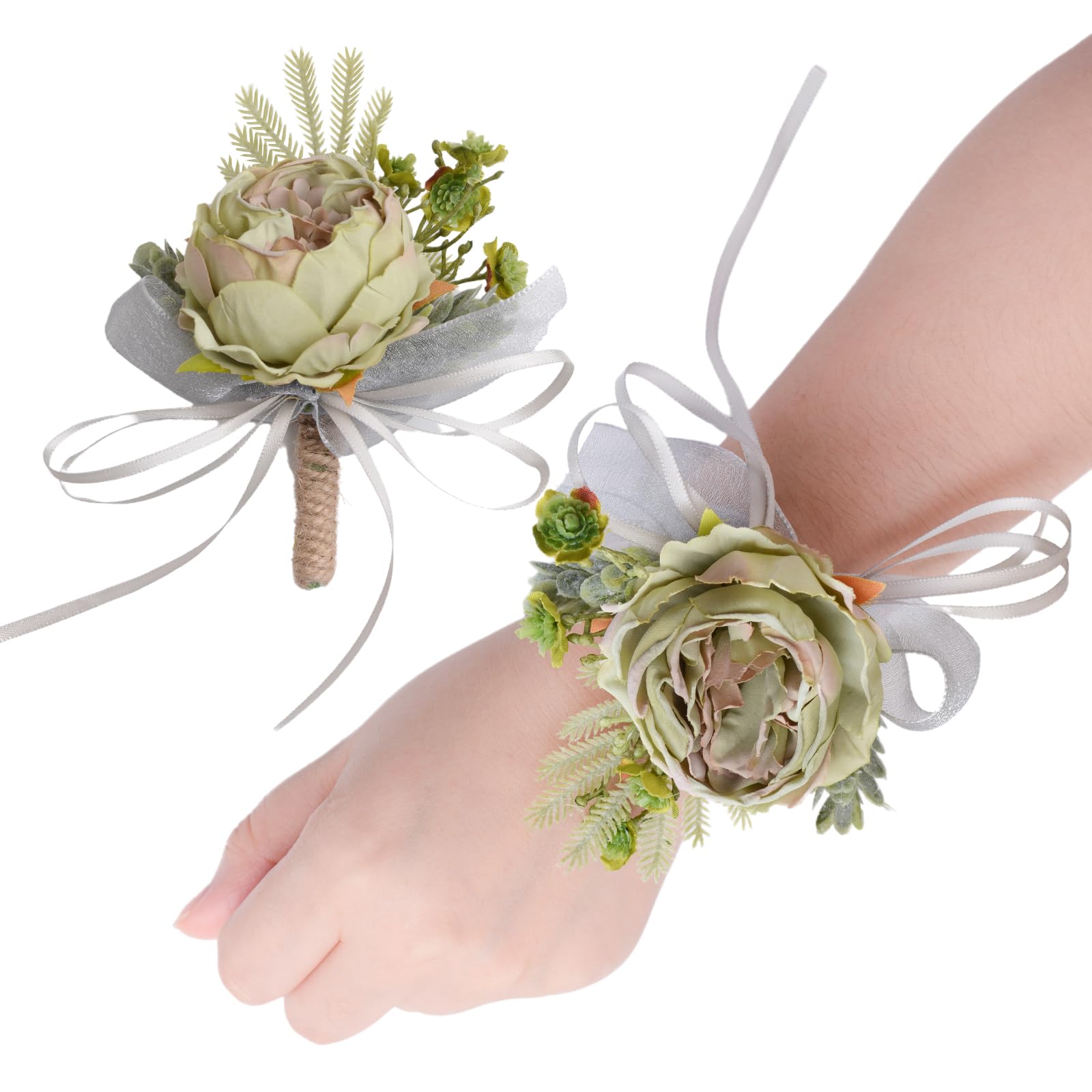 URROMA Wrist Corsage and Boutonniere Set, 1 Set Light Green Rose Wedding Party Bridal Corsage Artificial Hand Flower for Wedding Graduation Prom