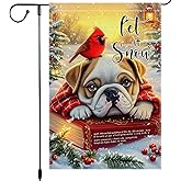 Winter Garden Flag 12x18 Inch Double Sided Burlap Small Outdoor Yard Decoration with Cute Bulldog and Cardinal Bird Let It Snow Design Christmas Holiday Welcome Sign