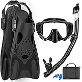 Snorkeling Gear for Adults, Mask Fins Snorkel Set, Panoramic View Diving Mask Anti-Fog, Anti-Leak, Dry Top Snorkel and Dive Flippers with Travel Bag for Snorkeling Swimming