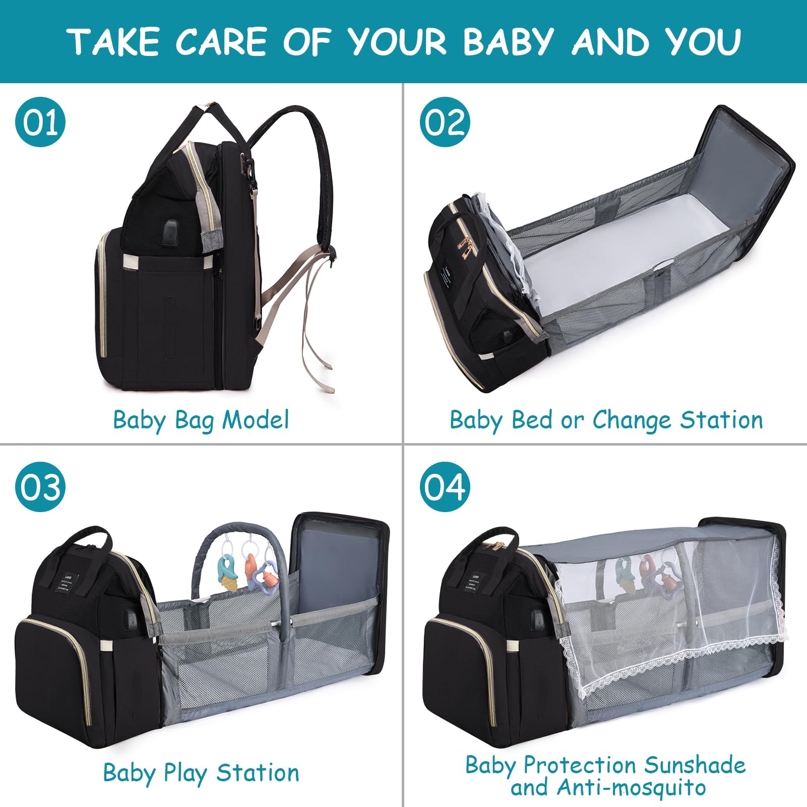 AFDLLDQM Diaper Bag Backpack, Multifunctional Baby Diaper Bag, Diaper Changing Station for Boys Girls, Large Capacity Travel Baby Bag for Mom Dad with Insulated Pocket & Strap
