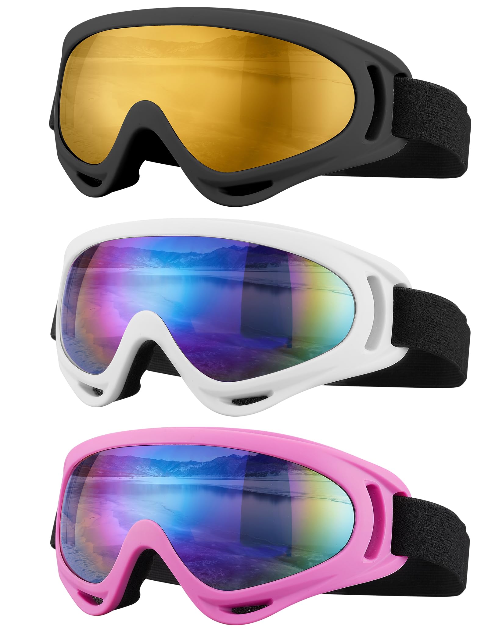 SixYard Ski Goggles, Motorcycle Goggles, 3 Pack Snowboard Snow Goggles for Men Women Adult Youth (Style 4)