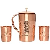 Pure Copper Water Jug with 2 Copper Tumblers (Hammered and Plain Pattern) For Ayurveda Health Benefits (With Straight Glass)